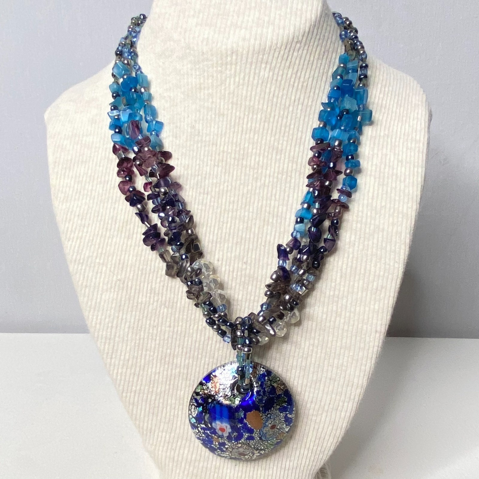 C J Banks Necklace Multi Chain Beads Glass Colorful Floral Inlay Dome Pendant